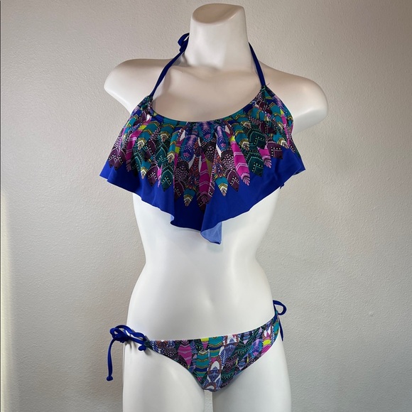 Xhilaration Multicolor Feather Print Flounce Halter Bikini Set MEDIUM - Picture 1 of 8